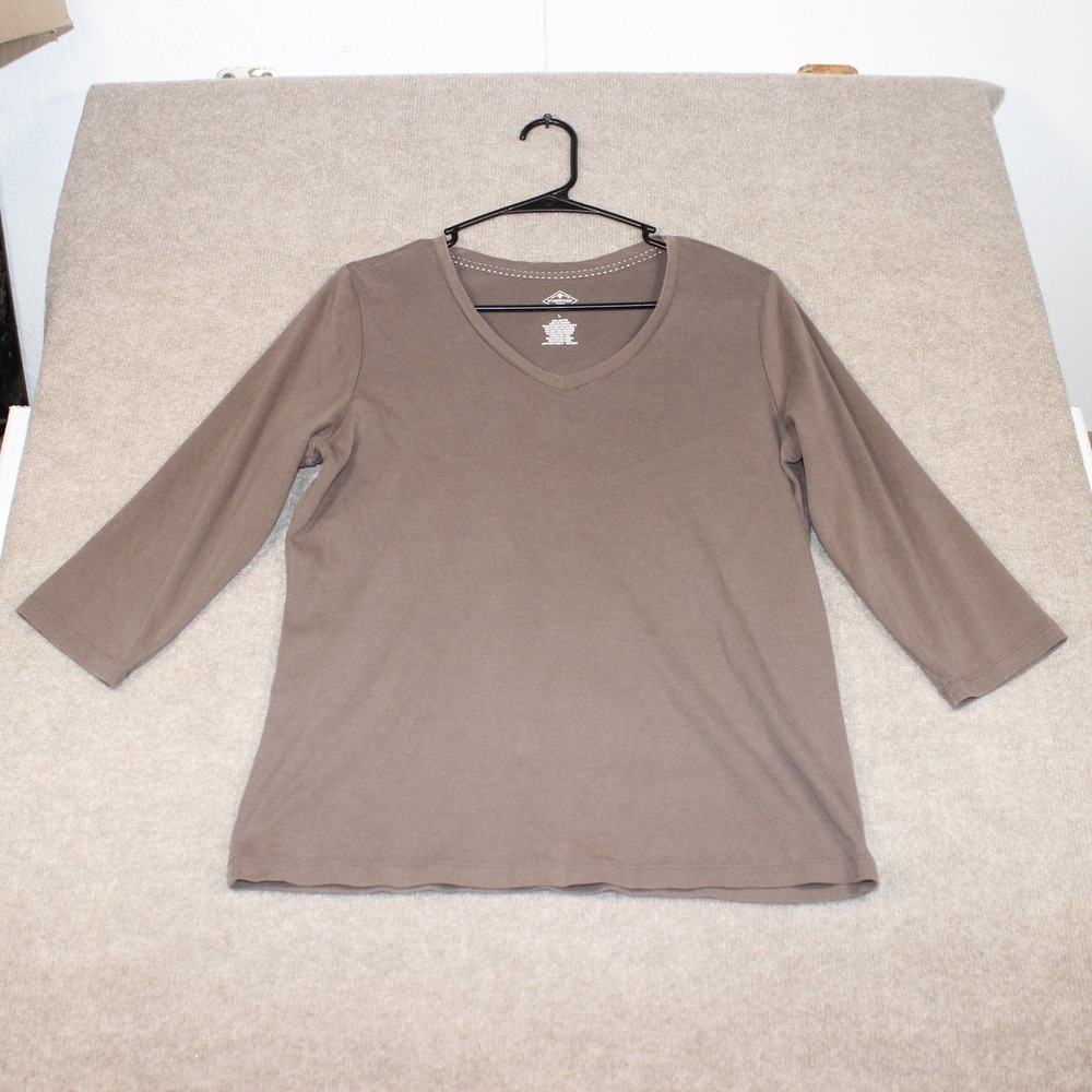 St. John's Bay Womens Large Brown V-Neck 3/4 Sleeve 100% Cotton Tee Shirt